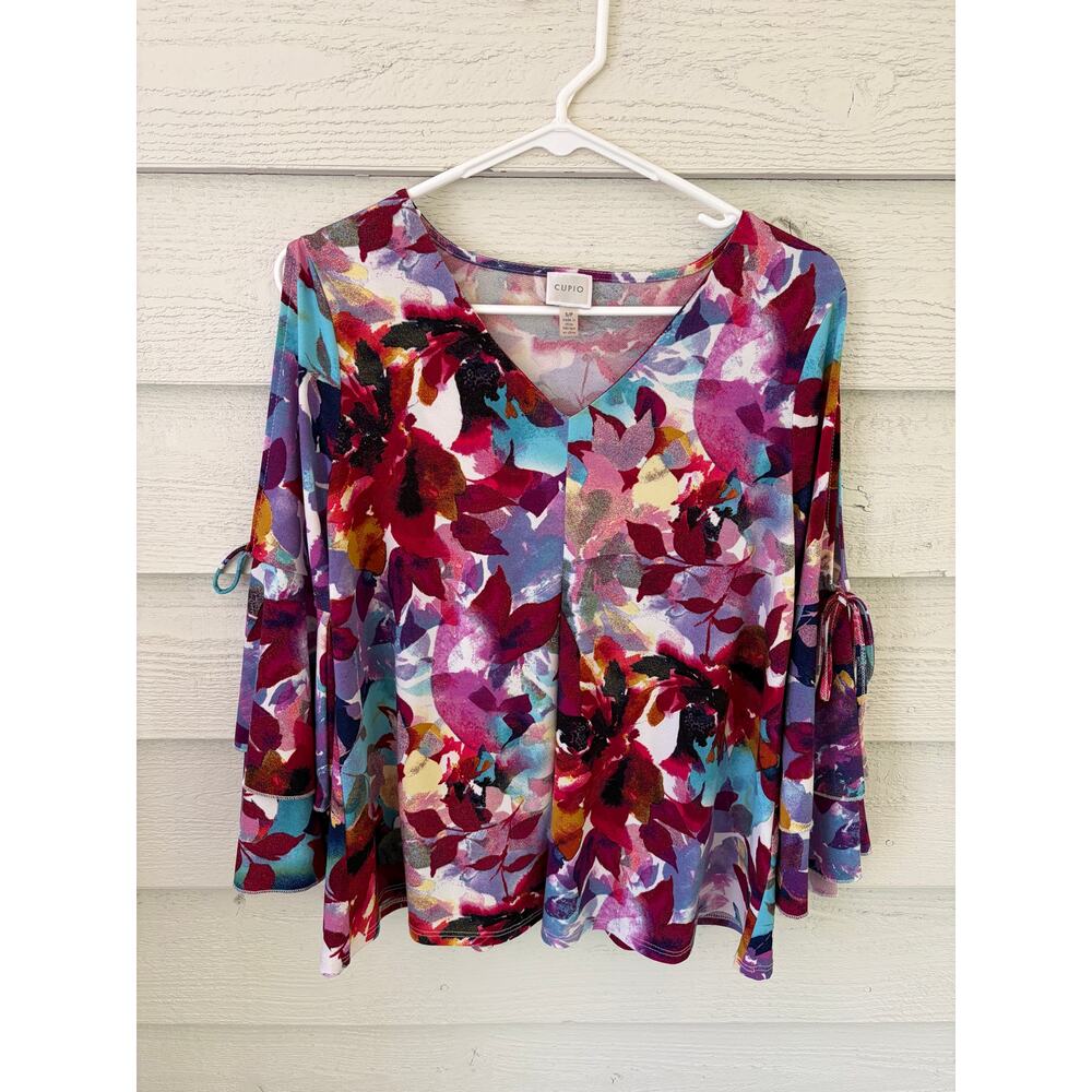 Cupio Floral Blouse Bell Sleeve Flowy V-Neck Multicolor Size Small